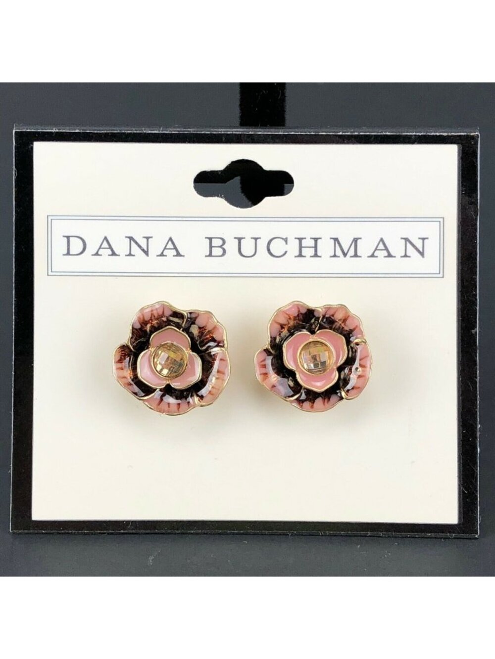 Dana Buchman Earrings Enamel Stud Rhinestone Flower Pink & Red